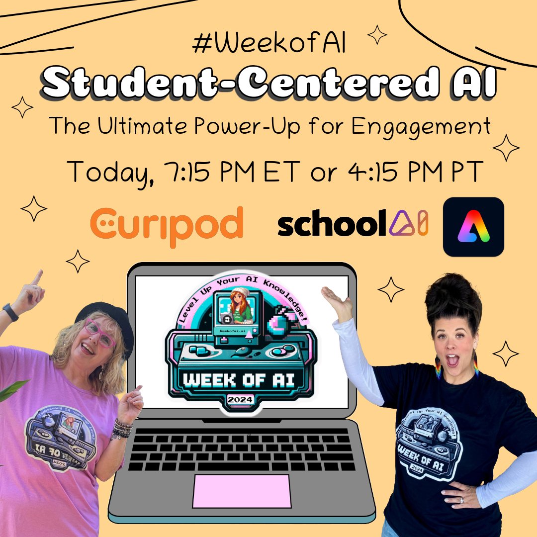 🙌🎉 It's almost time and we are so excited for our #WeekofAI session! Join us in 25 minutes to learn how we're using #AI tools with our students. We'll be showcasing @curipod @AdobeExpress @getschoolai Livestream link: bit.ly/aipowerup #AdobeCreativeEDU