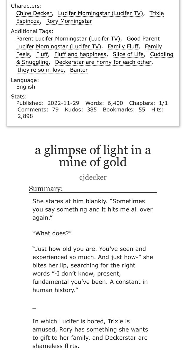 #ficrecfriday again!! I don’t know where the time goes…so here is a lovely, family oriented one shot from cjdecker. Lots of feels ❤️. A Glimpse Of Light In A Mine Of Gold archiveofourown.org/works/43330053