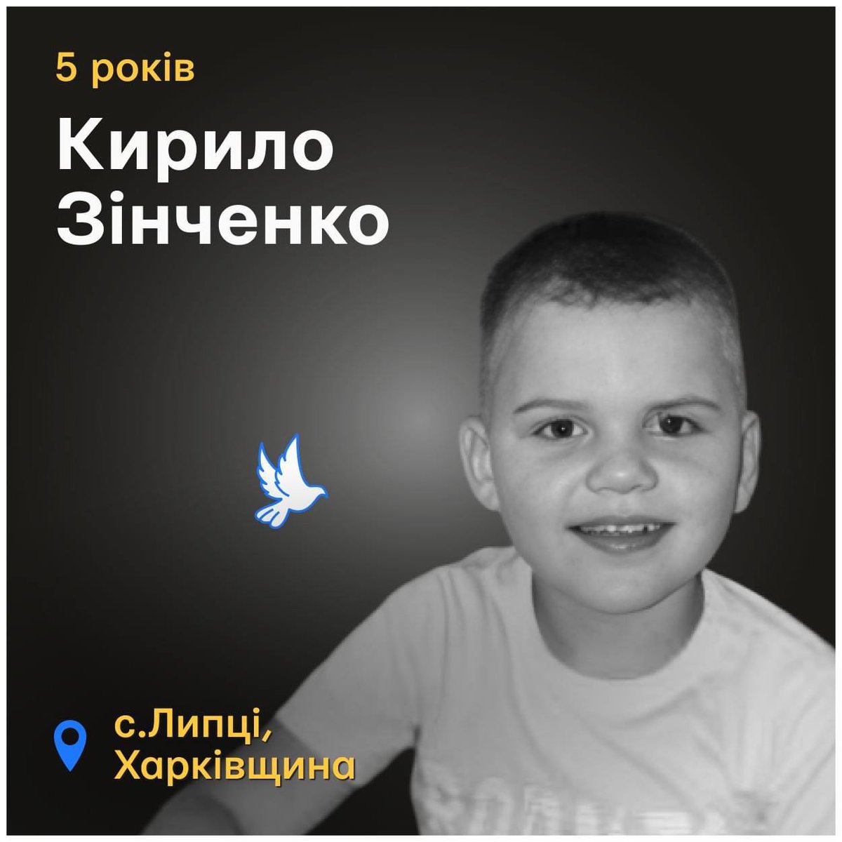 5-year-old Kirill Zinchenko was killed by a Russian attack on the village of Lipsy, Kharkiv region, on March 15, 2022. The boy, with his mother Yana and grandmother Inna were together in the same room. It was there that the blow fell. All three died. Kirill's father, Oleksandr,