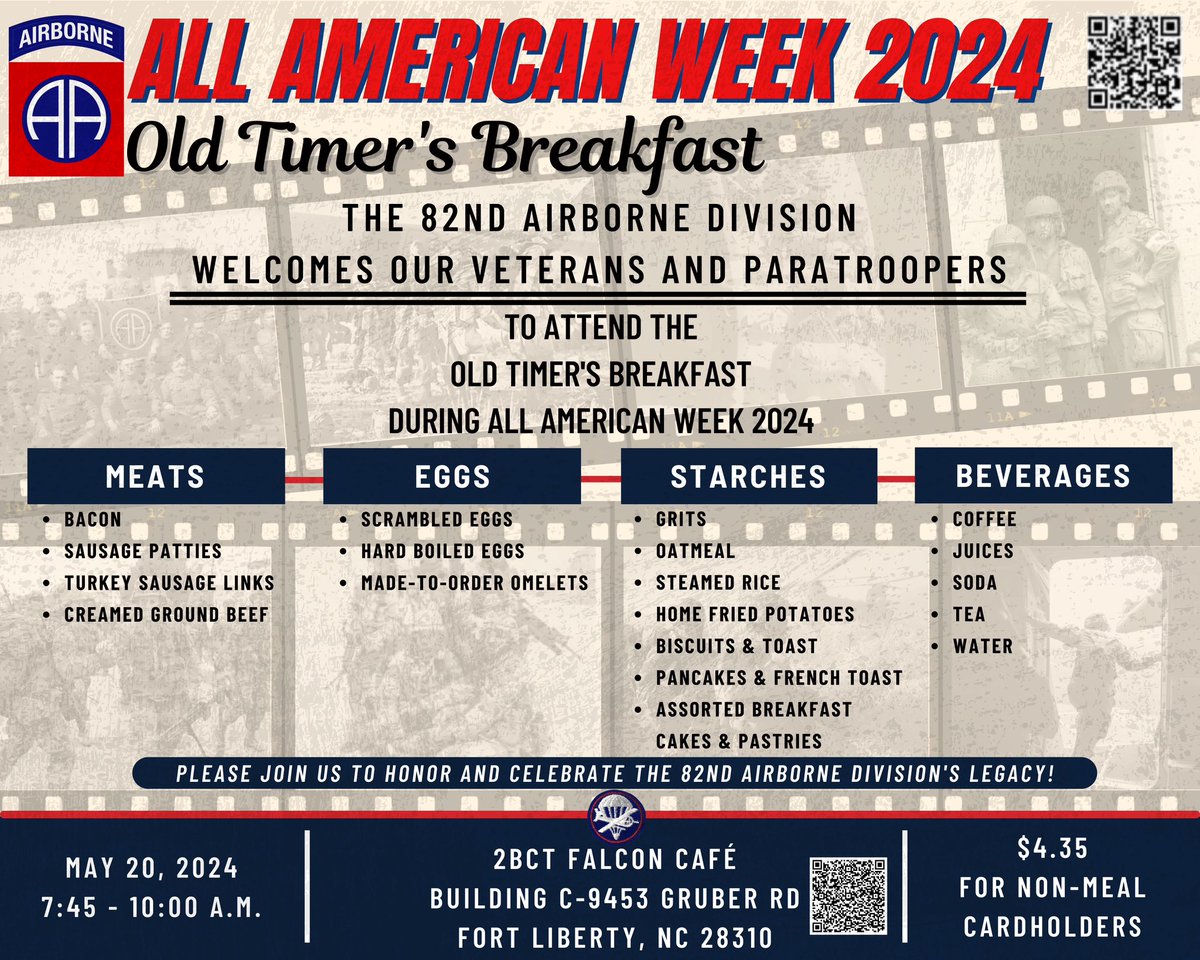 #AAW24 is just around the corner, which means you won’t want to miss this #AllAmerican breakfast!!

Come join us as the Old Timer’s Breakfast on May 20, 2024 from 7:45 to 10:00 a.m. at the #FalconBrigade Dining Facility! We can’t wait to see you there!

LET’S GO!

#AATW