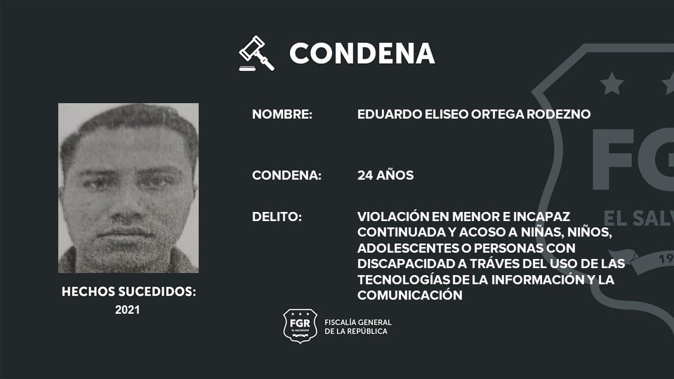 #Nacionales| La @FGR_SV dio a conocer que Eduardo Ortega fue sentenciado a 24 años de cárcel por acosar y violar a un menor de edad en Comasagua, La Libertad Sur. 🔴Según las investigaciones, en el 2021, este sujeto contactó a la víctima a través de redes sociales.