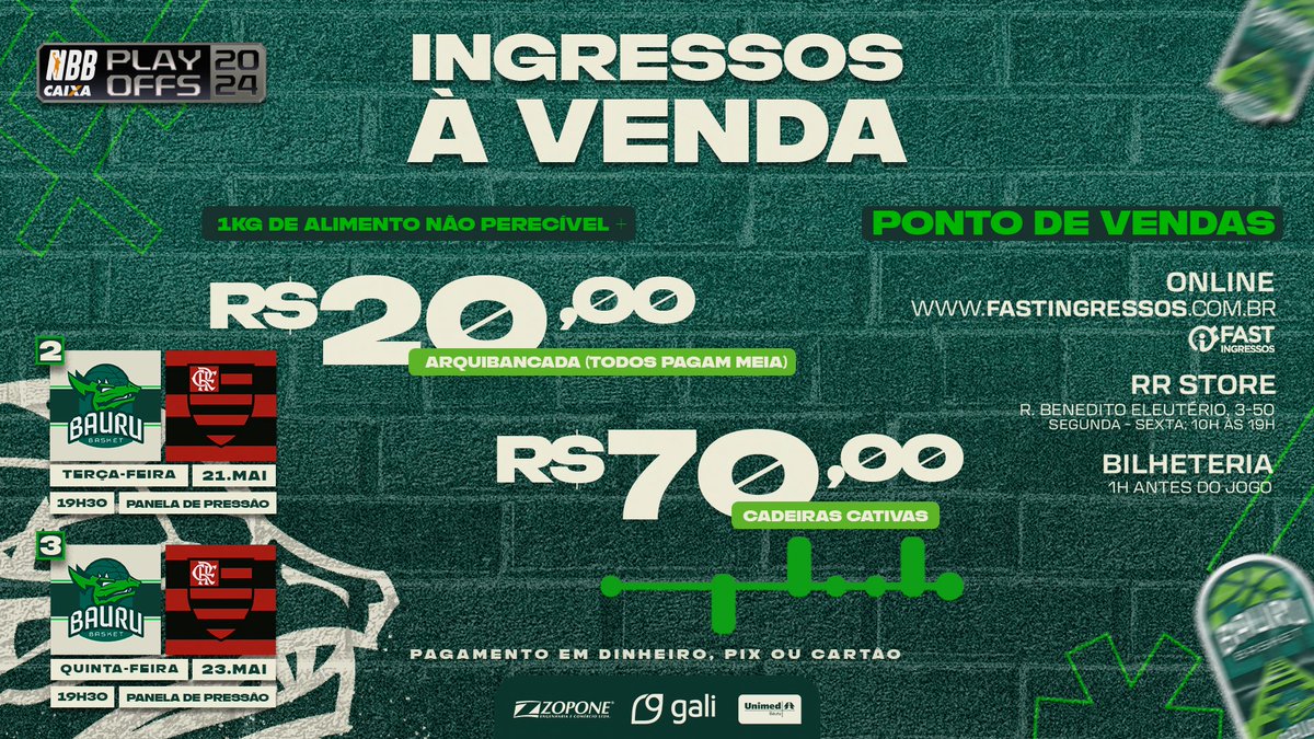 FOI DADA A LARGADA! 🏃🏿‍♀️🏃

Os ingressos para os JOGOS 2 E 3 da série contra o Flamengo, que serão em Bauru, já estão liberados!

🏆 Semifinal - #NBBCaixa
🏀 Jogo 2 🗓️ 21/05 🕕 19h30
🏀 Jogo 3 🗓️ 23/05 🕕 19h30
🏟️ Gin. Panela de Pressão