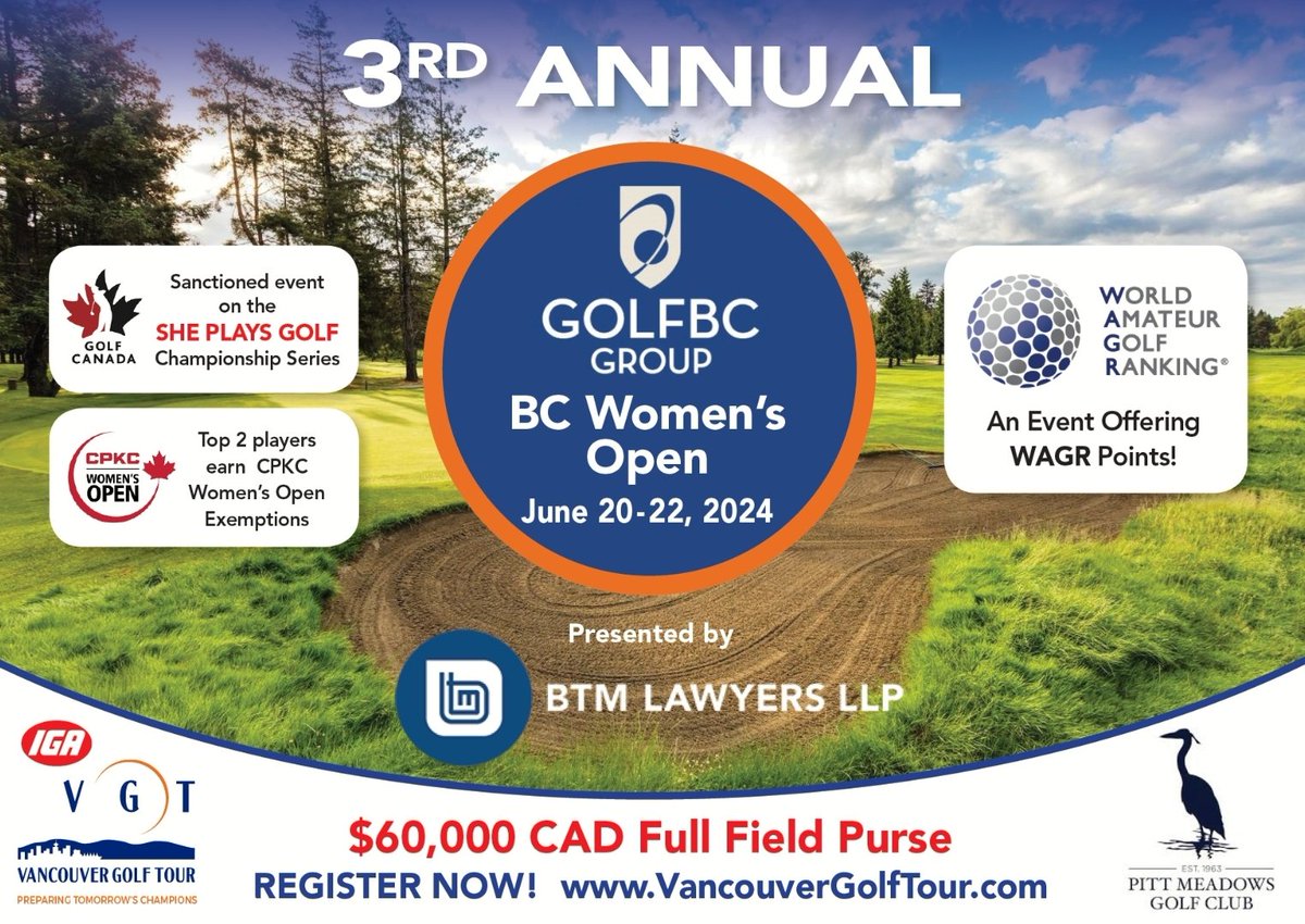 JUST 5 WEEKS AWAY!! 🎉🎉🎉

3rd ANNUAL <a href="/golfbc/">GolfBC Group</a> Group
BC WOMEN'S OPEN 
Presented by <a href="/btmlawyers/">BTM Lawyers LLP</a>
<a href="/PittMeadowsGolf/">Pitt Meadows Golf Club</a> 
JUNE 20-22nd

MARK YOUR ⛳️ CALENDARS!!

Thanks <a href="/SherlockShenhy/">Sherlock Shen</a>  for this awesome promo video! 

instagram.com/reel/C6FqxLPrz…