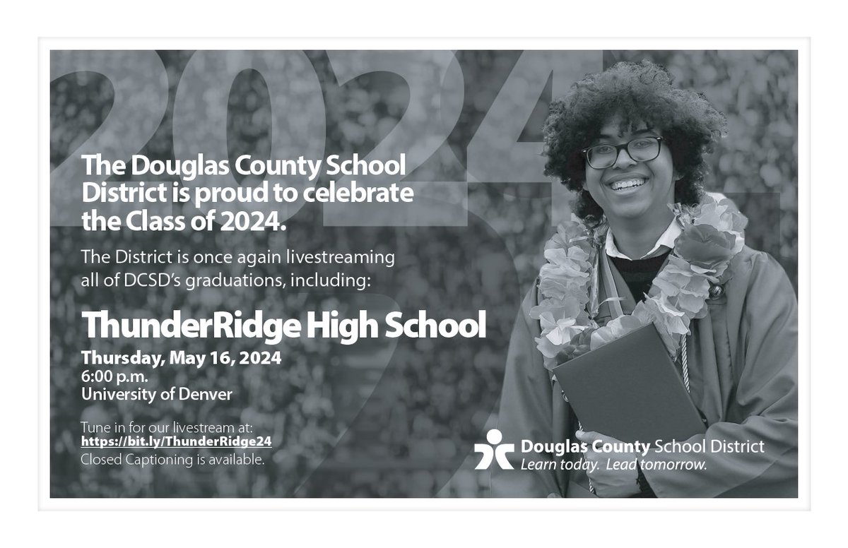 Congratulations Class of 2024 graduates! 🎓 🎉 Starts in one hour! ThunderRidge High School Thursday, May 16 at 6:00 p.m. University of Denver Livestream link: pulse.ly/adoyzrkvt3 Find all 2024 Graduation Ceremony information at pulse.ly/nny7qiochy