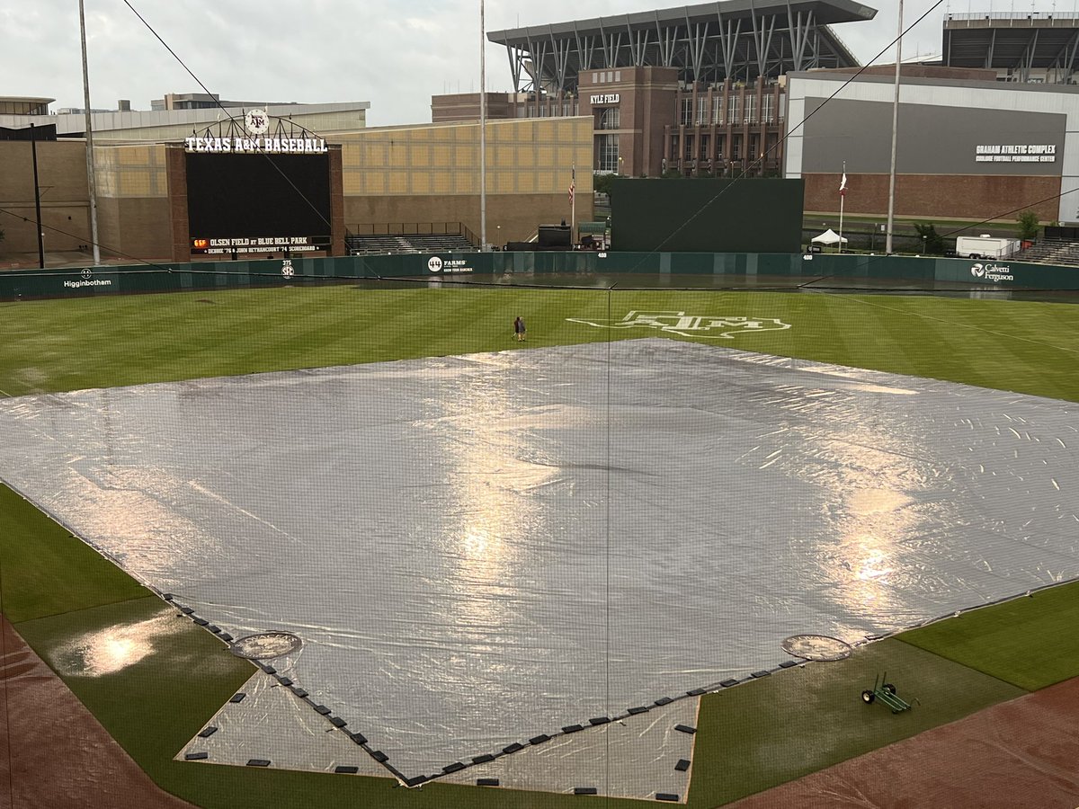 Updated photo from Blue Bell Park as the rain has begun to dissipate from the area. Still a massive amount of standing water in centerfield. Drainage system is going to be put to work between now and first pitch…whenever it is.