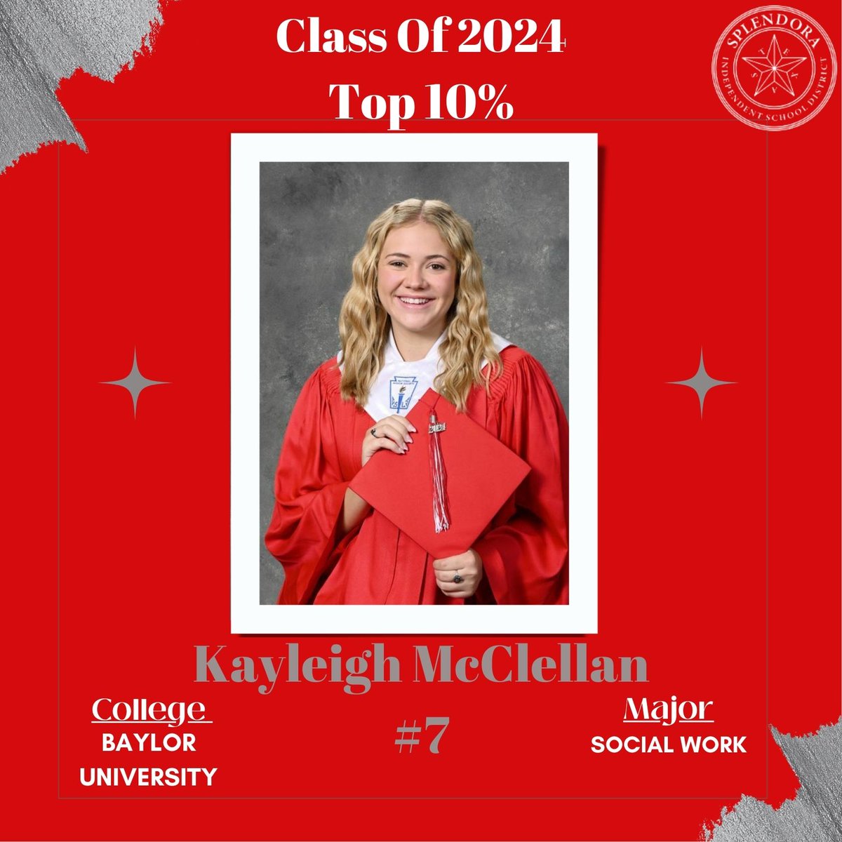 We would like to congratulate each student in the top 10 percent of the graduating 2024 class. We are very proud of their academic accomplishments. We will be counting down each day to celebrate each of our students' success. Congratulations, Kayleigh McClellan-#7!