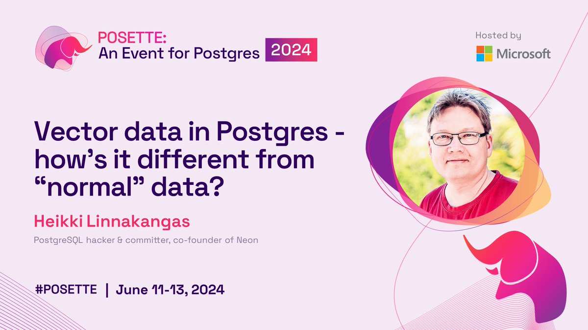 Find out how vector data is different than 'normal' data in #PostgreSQL 🐘

Tune in to Heikki Linnakangas's talk during #PosetteConf Livestream 2 at 8:30am CEST on June 12, 2024 🗓️
aka.ms/posette-schedu…