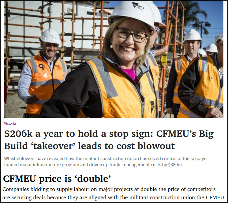 $206,000 a year to hold up a stop sign? Labor's militant CFMEU union has taken control of most Big Build projects, amid fresh reports of rorts & coercion. No wonder Jacinta Allan wants to press ahead with the dubious $35 billion rail tunnel to Box Hill #springst #BendigoBarbie