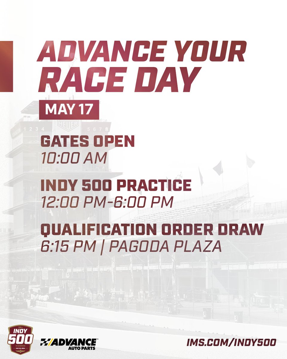 Indianapolis Motor Speedway (@ims) on Twitter photo Today is fast. Like, really fast. You ready?
Want to #AdvanceYourRaceDay for tomorrow? RT for your chance to win 2 Hulman Terrace Club tickets, 2 pit/garage passes and 1 Parking Pass, all for tomorrow’s #Indy500 Qualifying.
#INDYCAR Today is fast. Like, really fast. You ready?
Want to #AdvanceYourRaceDay for tomorrow? RT for your chance to win 2 Hulman Terrace Club tickets, 2 pit/garage passes and 1 Parking Pass, all for tomorrow’s #Indy500 Qualifying.
#INDYCAR