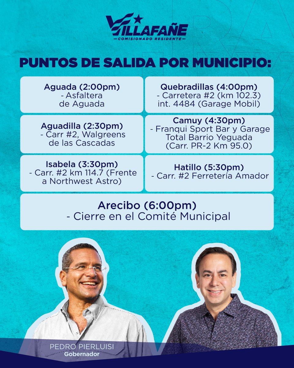 Este sábado, nos uniremos en un gran rally por el noroeste junto al pueblo progresista. Mira los puntos de encuentro por municipio y súmate al equipo ganador #VamosAlFuturo 🌴🌴🌴