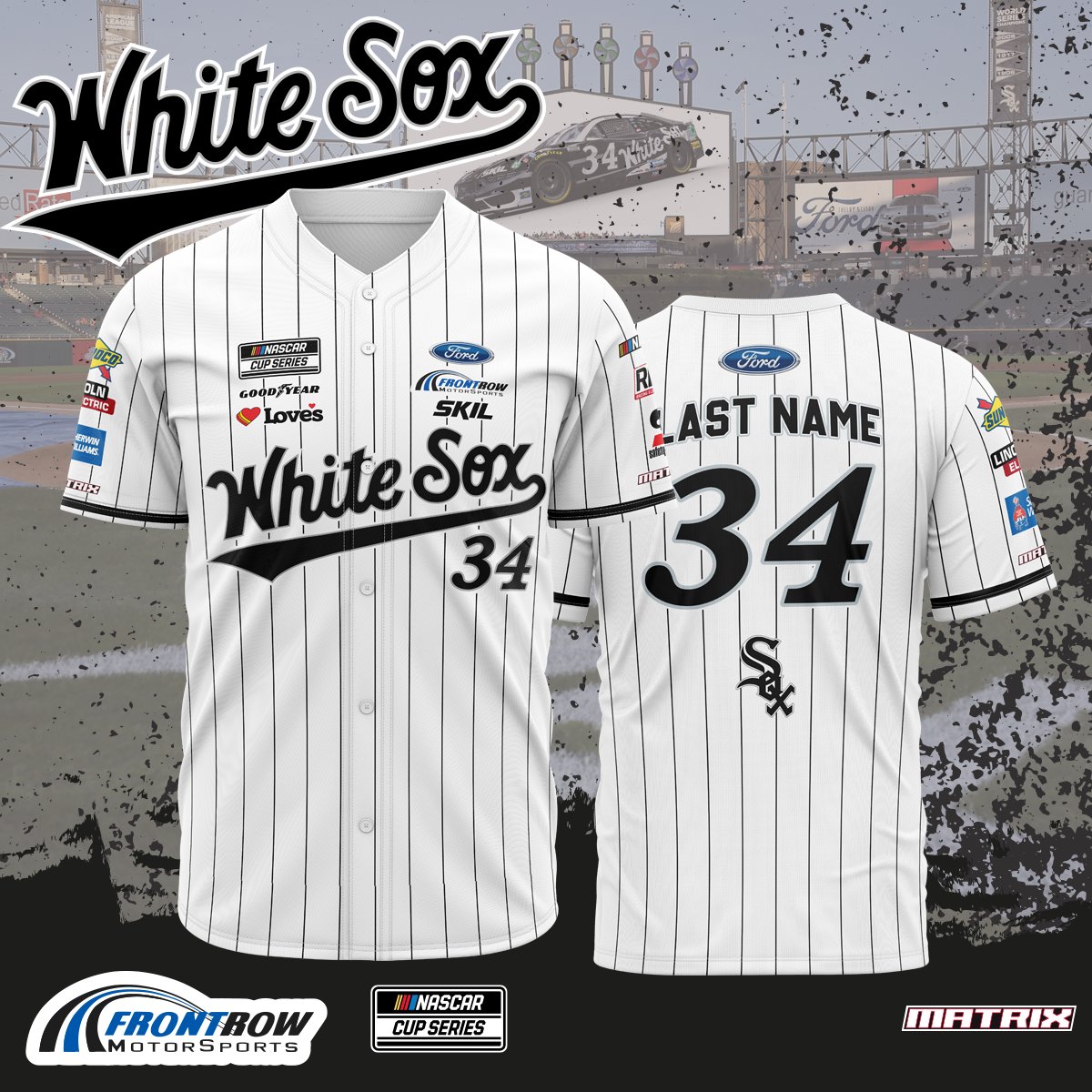 Motorsports 🤝 Baseball The perfect pair. What do you say @Team_FRM? Should we bring these personalized, full button crew shirts (crew jerseys?) to life for @NASCARChicago? Each crew member's last name, and the iconic 'FRM #34' complete the Southside look! DMs are open 😁