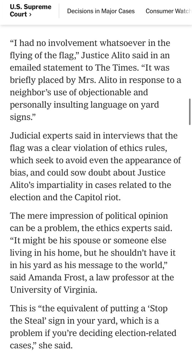 Samuel Alito flew an upside-down flag on his yard—a symbol that has been adopted by MAGA to dispute the legitimacy of Biden’s electoral victory in 2020—while he was deciding election-related cases in January of 2021. Get this disgrace off our highest court and the bench.