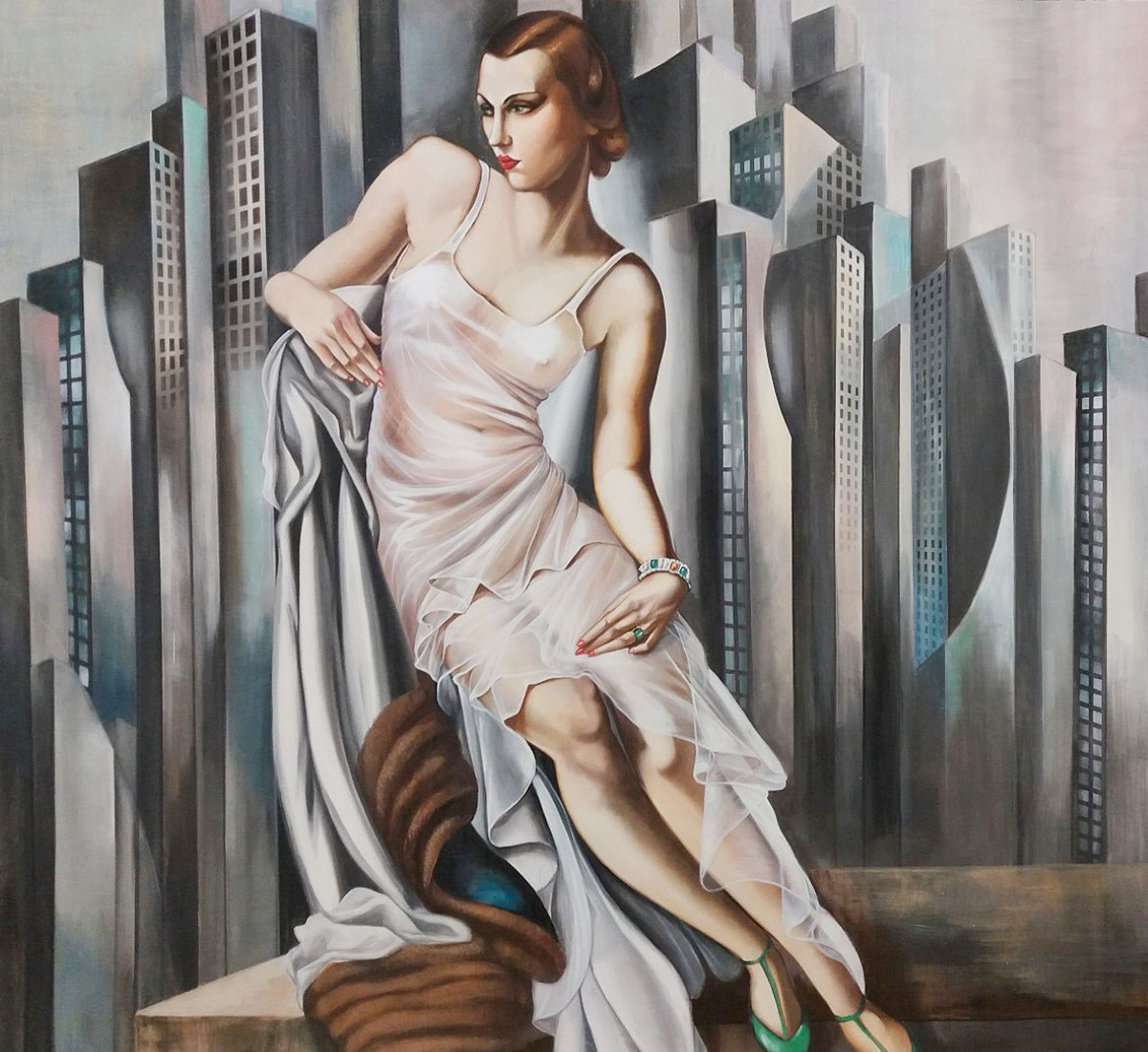 The cityscapes that haunt the backgrounds of Lempicka's portraits are reminiscent of Fritz Lang's 1927 Art Deco-science fiction masterpiece, Metropolis. Those soaring-silver skyscrapers are almost terrifying in their monumentality — the looming, mechanical towers of a new world.