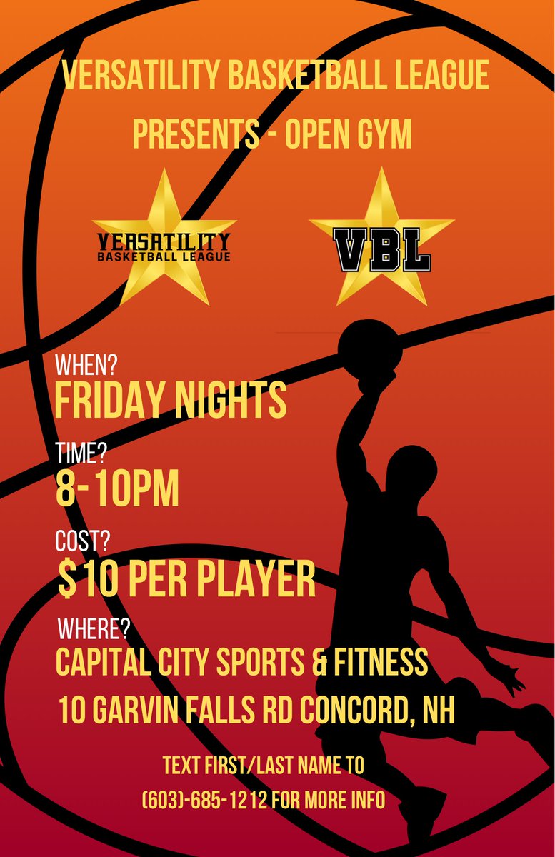 versatilityceo's tweet image. Just got the confirmation, we’re going to be hosting OPEN GYM 🏀 Friday nights @ Capital City Sports and Fitness - 10 Gavin Falls Road Concord, NH 📍

Txt (603)-685-1212 or DM me on any social media platform to secure a spot!! 

Starts - 5/24 🗓️

Sponsored by Versatility &amp;amp; VBL 🌟