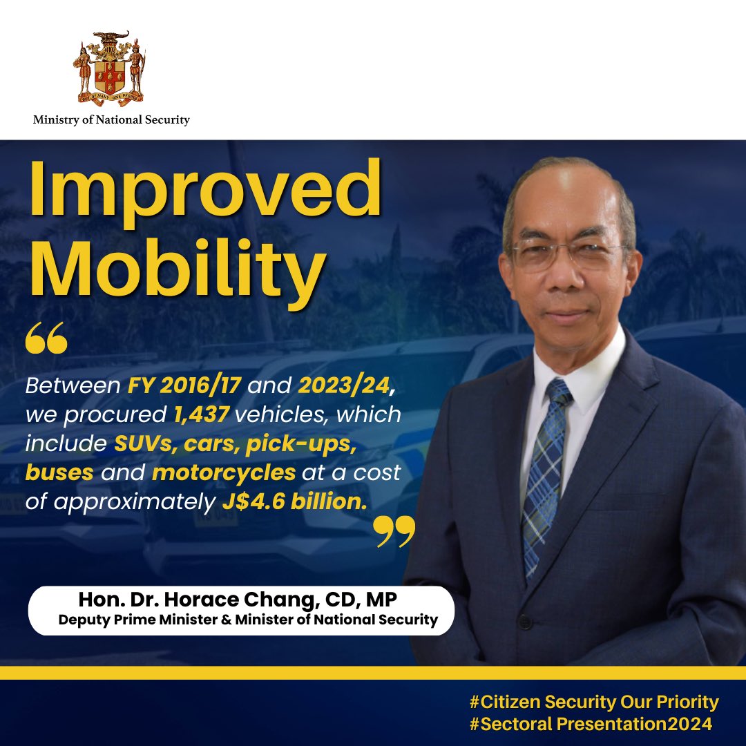 The Ministry of National Security continues to invest in police mobility as it contributes to the agility and effectiveness of the Jamaica Constabulary Force. 

#SectoralPresentation2024 #CitizenSecurity #mnsja  #nationalsecurity #citizensecurityourpriority