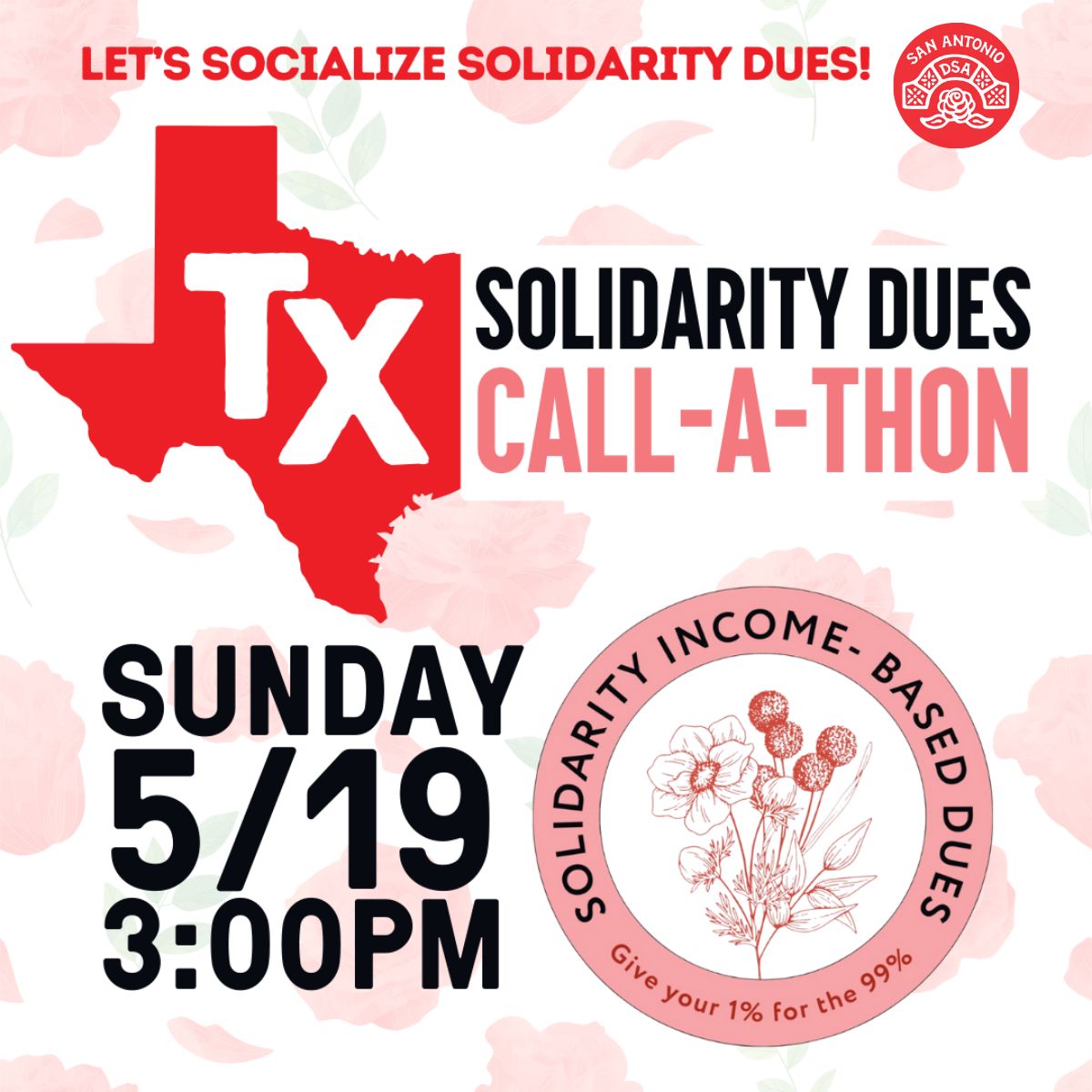 We need socialist cash 💵 to kick capitalist ass 🍑 Join us and other TX chapters as we call TX members and ask them to make the switch to Solidarity Dues. Giving 1% of your income grows our mass movement and builds the working class power we need to win! actionnetwork.org/events/0519-so…