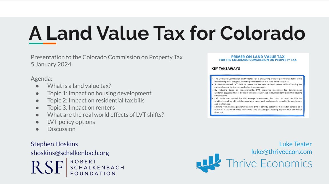🔰 Here's the basic case for turning property taxes into a land value tax (LVT), as presented to the Colorado Commission on Property Tax back in January 🧵 LVT shifts: 🔰 boost business activity & construction of multifamily housing 🔰 are neutral for the typical homeowner, tend