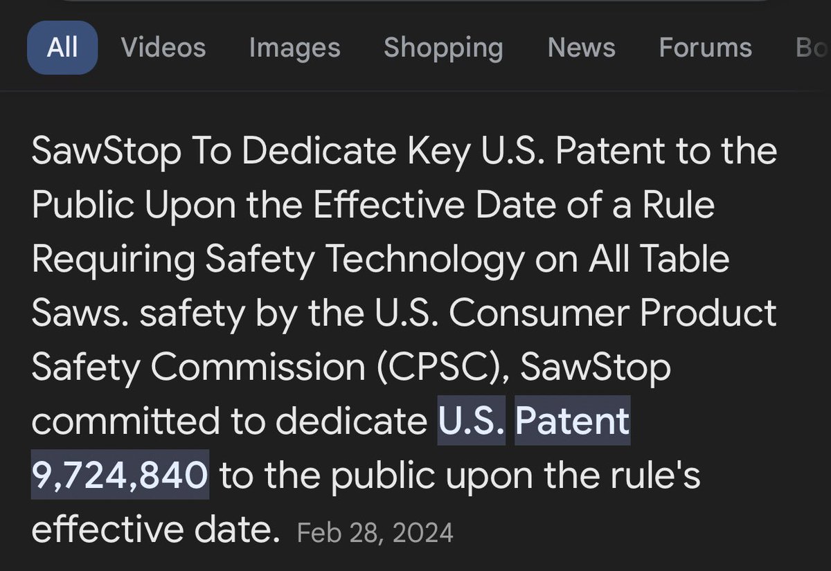This is an outright lie. The inventor of SawStop gave up his patent because he thought it was the right thing to do in the name of safety. I would encourage people to go watch the CPSC hearings. This is all about corporate greed.