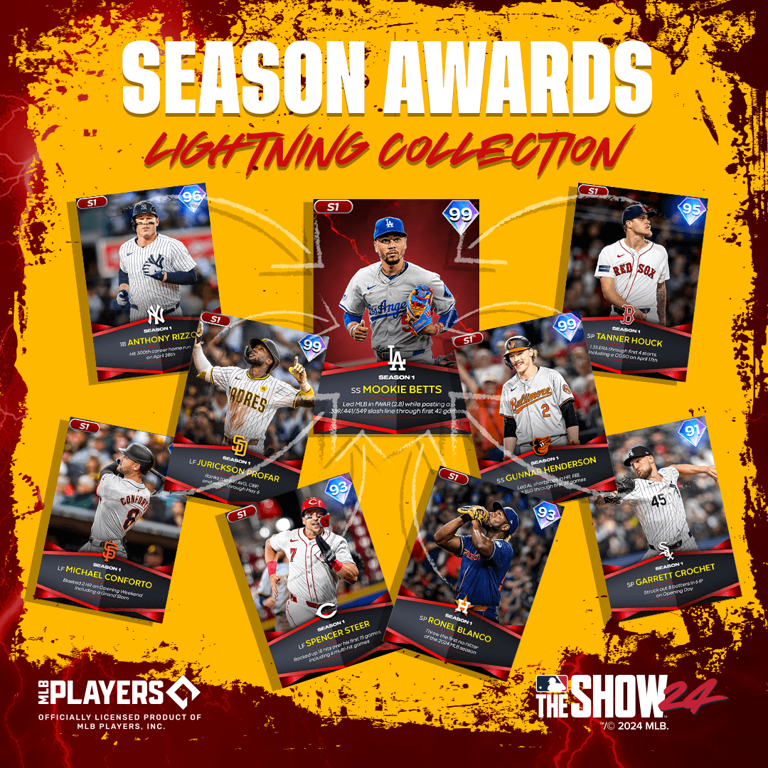 Earn ⚡MOOKIE BETTS⚡when you collect all 8 of these Season 1 Awards Series 💎s!
Available NOW in MLB The Show 24.
