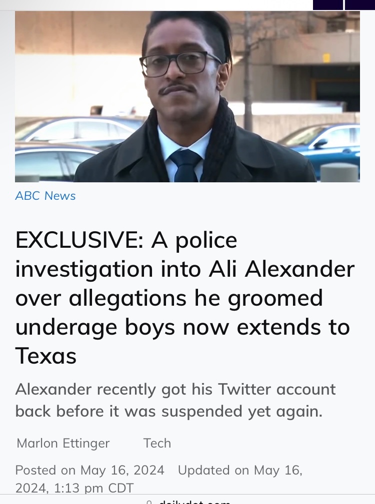We have shared this important news story concerning the deepening police investigation into pedophile Ali Alexander soliciting child p-rn with a number of larger outlets, and we are hopeful that more widespread coverage will be forthcoming shortly. dailydot.com/debug/ali-alex…