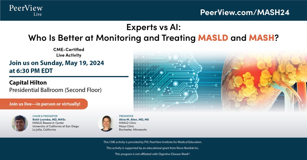 Register ASAP for this @PeerView #MASLD / #MASH live #MedEd symposium featuring experts Rohit Loomba, MD, MHSc, (@DrLoomba) and Fasiha Kanwal, MD, MSHS! Sunday, May 19th at 6:00 PM EDT during #DDW2024: bit.ly/MASH24T #Gastroenterology #Hepatology #MedEd #MedTwitter
