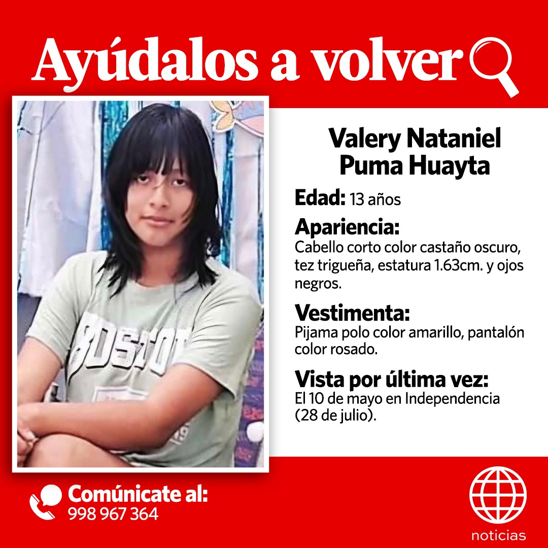 COMPARTE y #AyúdalosAVolver Familia busca a Valery Nataniel Puma Huayta de 13 años. Cualquier información sobre su paradero, comunicarse al 998 967 364