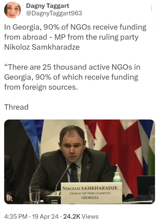 25.000 NGOs in Georgien, davon 90% ausländische? Fast nicht zu glauben, aber wenn das stimmen sollte, gibt es sicher mehr Gründe als das Land 'dem Bösen zu entreißen', beispielsweise steuerliche Gründe oder Geheimhaltung von Finanzdaten.
Und man könnte die Drohungen verstehen.