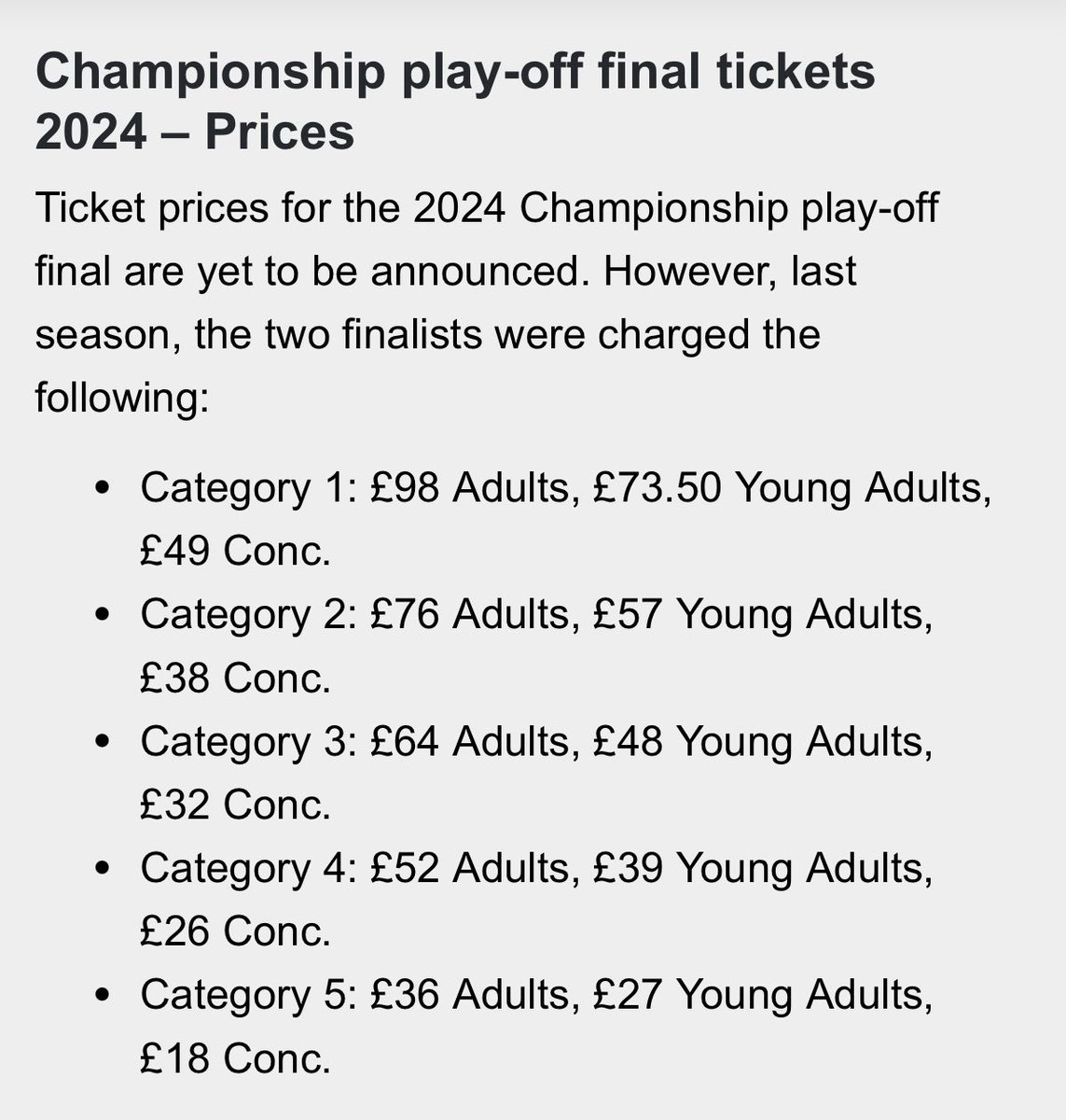 Last year’s Play Off finalists were allocated 36,943 tickets each #lufc This year’s pricing is….