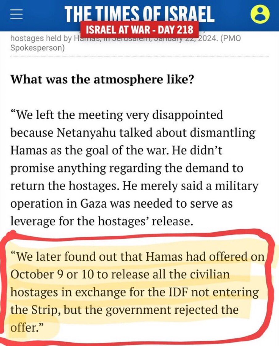@leekern13 Hamas offered to release ALL the hostages on the 9th of October. israel declined. But don’t let the truth hold you back.