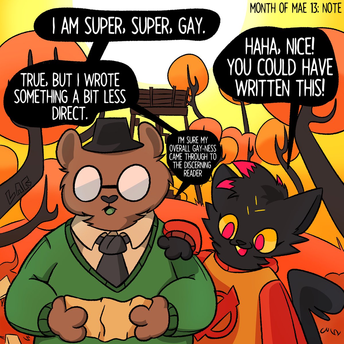#MonthofMae2024 Day 13: Note! 🗒️

I'm sure my overall gay-ness came through to the discerning reader.

#monthofmae #nightinthewoods #nitw