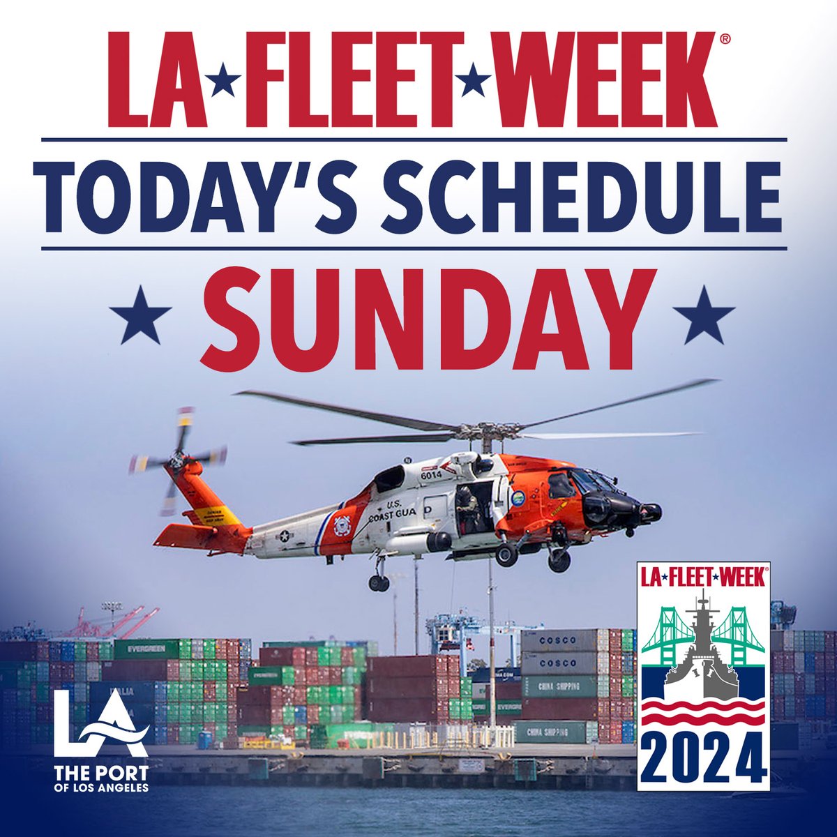 PortofLA's tweet image. 🇺🇸⚓There's still time to celebrate #LAFleetWeek2024 at the Port of Los Angeles! Free public ship tours are from 10 a.m.-4 p.m. Arrive early; event may reach max capacity.
For event updates, follow @LAFleetWeek and check the daily schedule here.⬇️
lafleetweek.com/events_schedul…
