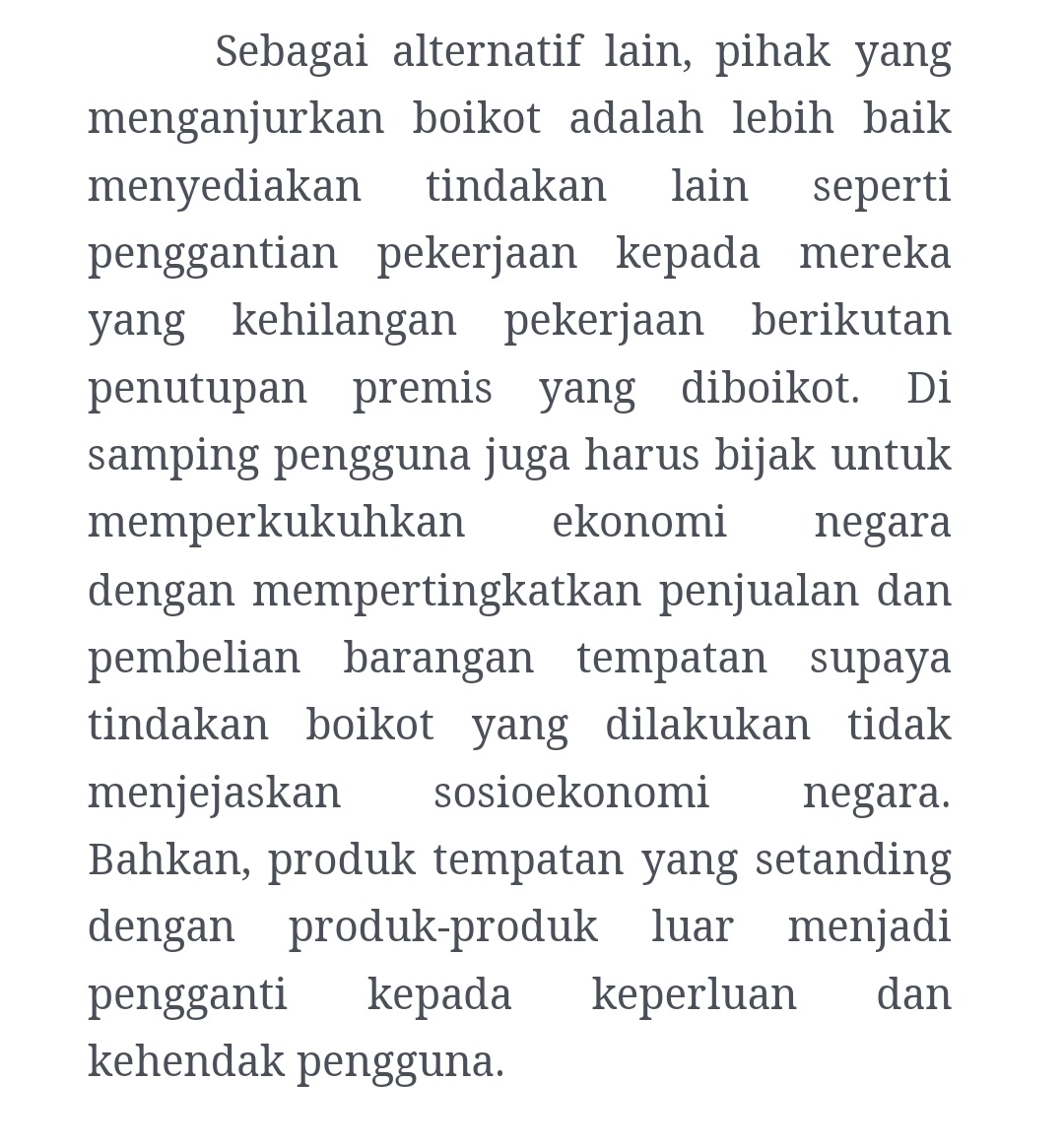 Baca sampai habis Aku setuju antara Ayat di bahagian terakhir Artikel Jabatan Mufti Negeri Selangor berkaitan isu Boikot Barangan Israel. Ini pandangan aku berdasarkannya 1) Jangan duk boikot menonong takda hala tuju. Kalau melibatkan kepentingan ekonomi dan negara. Boikot tu