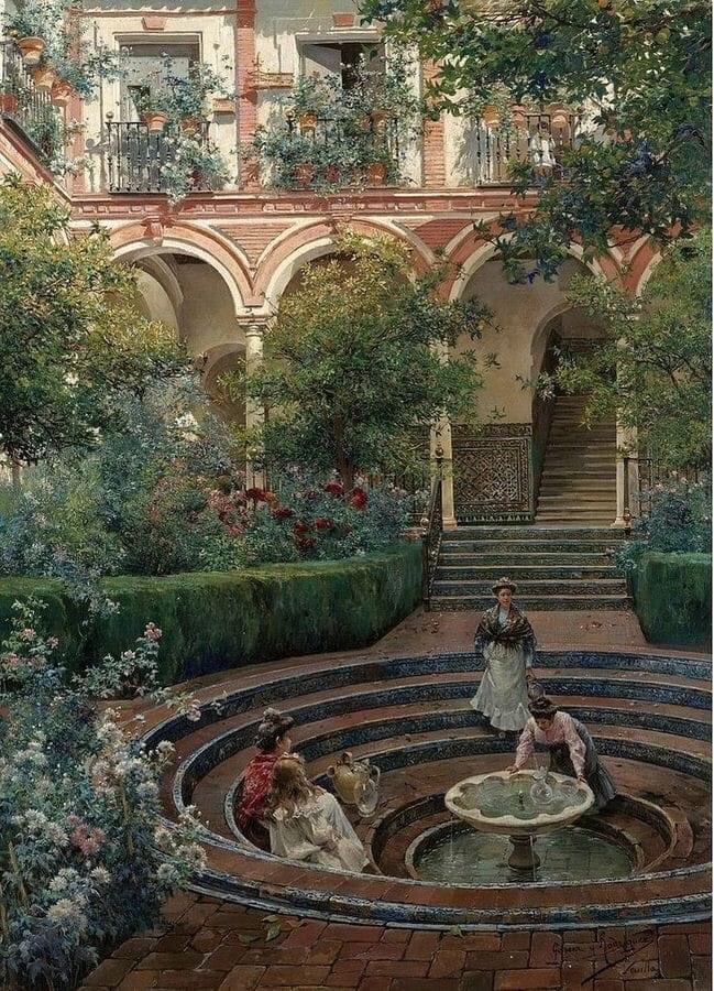 Manuel García Rodríguez, español (1863-1925) 'El patio de la Villa' Óleo sobre lienzo 83,19 x 59,69 cm.