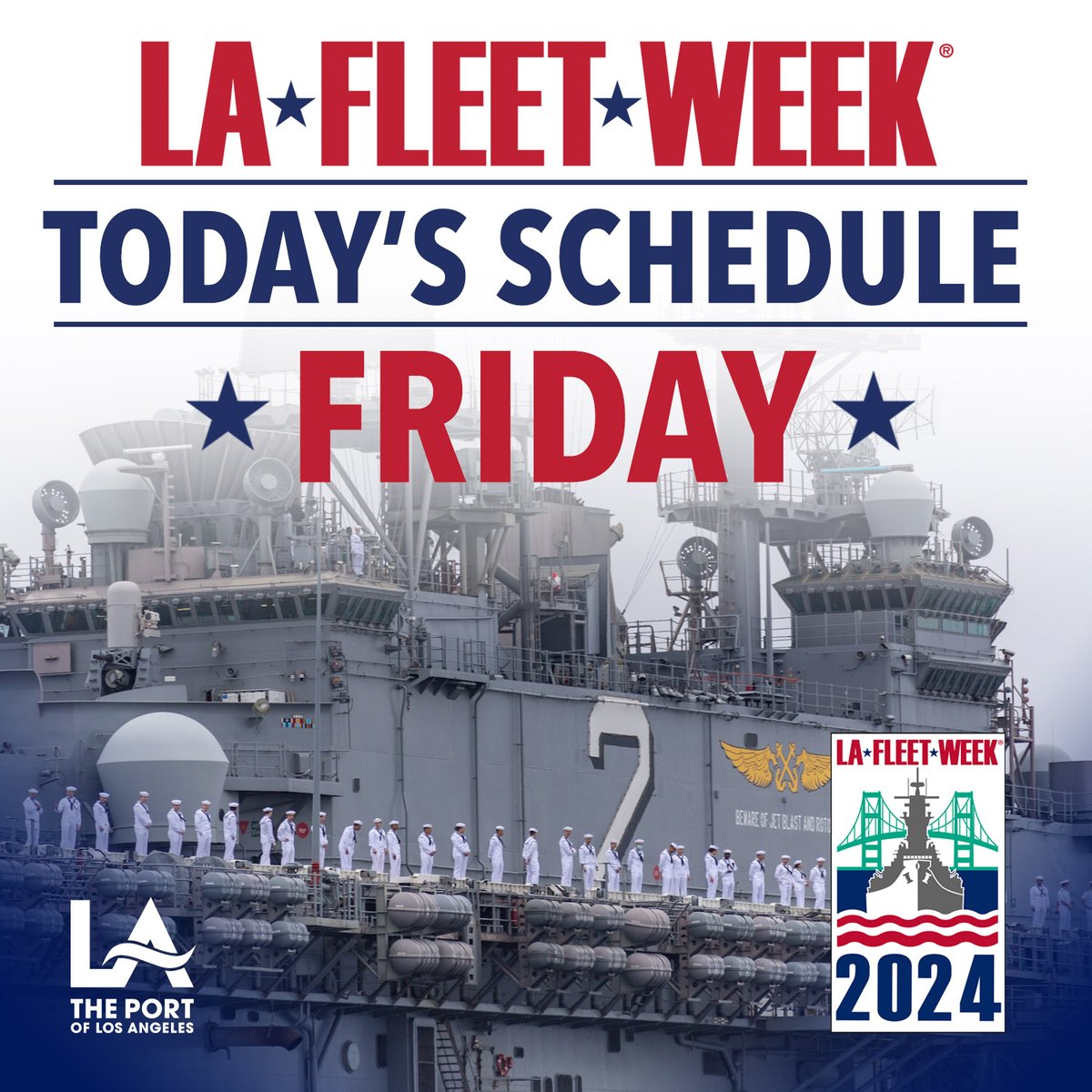 🇺🇸⚓#LAFleetWeek2024 is officially underway at the Port of Los Angeles! Free public ship tours are from 10 a.m.-4 p.m. Arrive early; event may reach max capacity.

For event updates, follow @LAFleetWeek and check the daily schedule here. ⬇️
lafleetweek.com/events_schedul…