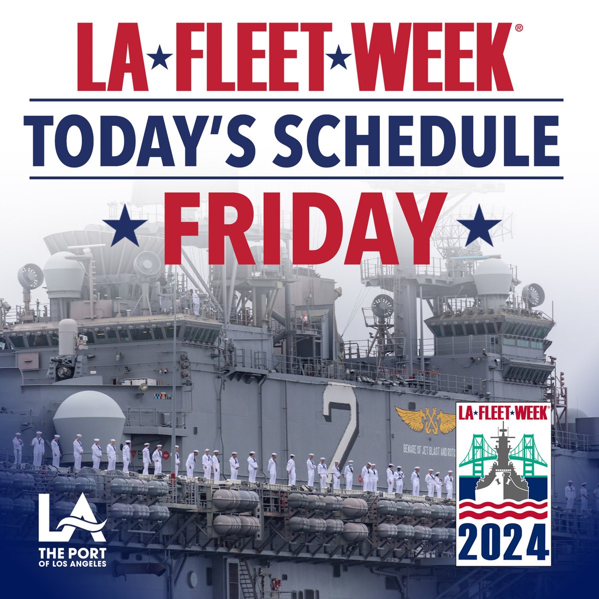 PortofLA's tweet image. 🇺🇸⚓#LAFleetWeek2024 is officially underway at the Port of Los Angeles! Free public ship tours are from 10 a.m.-4 p.m. Arrive early; event may reach max capacity.
For event updates, follow @LAFleetWeek and check the daily schedule here. ⬇️
lafleetweek.com/events_schedul…