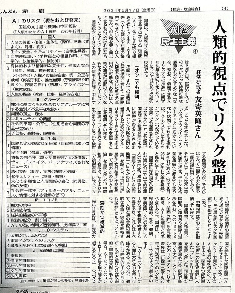 しんぶん赤旗5/17付。 AIつまた民主主義④ 経済研究者 友寄英隆さん 人類的視点でリスク整理 「国連は、人権を守り発展させる視点から人口知能(AI)をとらえた取り組みを強めています。AI格差(AIの開発や利用の格差)をなくして、AIは人類すべての人権わや守り向上させるものでなければならないと・・」