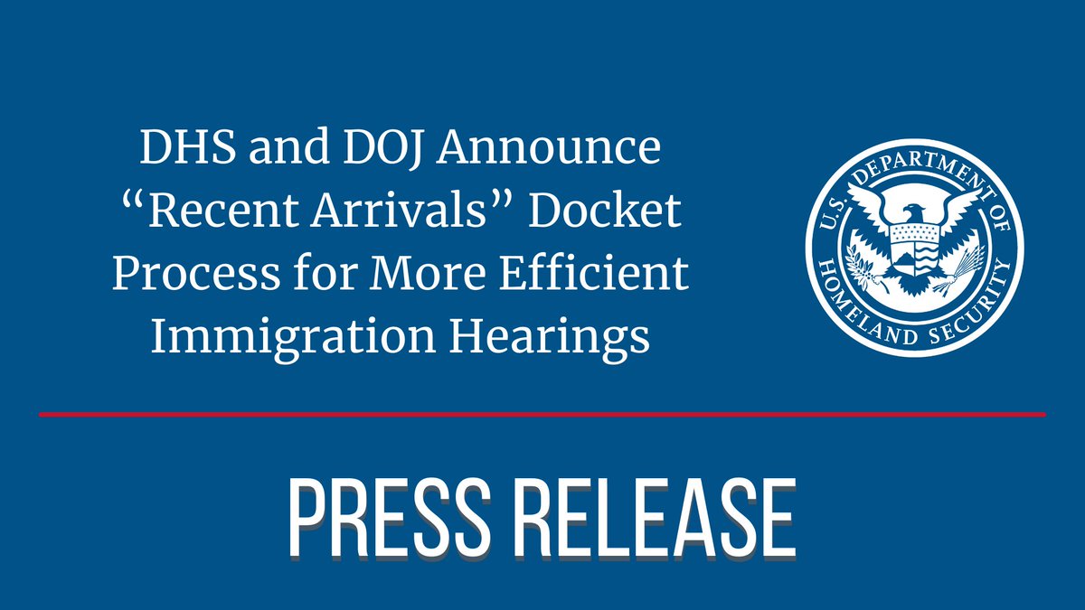 NEW: @SecMayorkas & Attorney General Garland announced a “Recent Arrivals Docket” process for certain noncitizen single adults to issue decisions more expeditiously in immigration court cases. ⤵️ dhs.gov/news/2024/05/1…