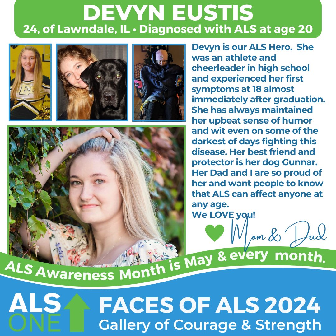 #ALSawarenessMonth #FacesOfALS: Devin Eustis, 24, of Lawndale, IL. Dx w #ALS at age 20. Devyn is my #ALSHero. She was an athlete & cheerleader in high school and experienced her first symptoms at 18 almost immediately after graduation. She has always maintained her upbeat  (1/2)