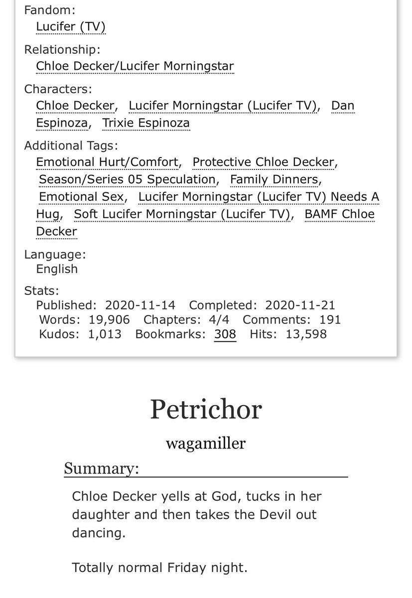 #ficrecfriday Another early rec you may not have read…brilliant characterisation, and anytime God gets yelled at works for me! Some naughty bits 🔥 at the end so mind the tags please. Petrichor by wagamiller archiveofourown.org/works/27561475…