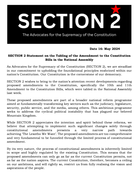 Section2Lso's tweet photo. SECTION 2 calls for a complete replacement of the current Constitution rather than mere amendments. Successful adoption of new constitutions has been demonstrated in Kenya and Zimbabwe. Crafting a new Constitution enables a thorough revision that aligns with people's aspirations https://t.co/hiUiyG1sl5
