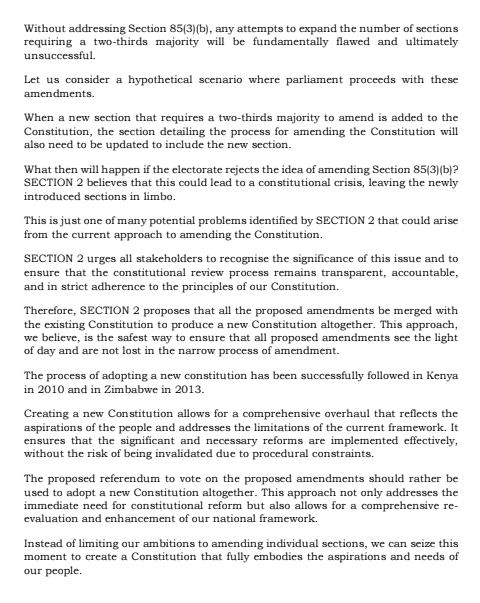 Section2Lso's tweet photo. SECTION 2 calls for a complete replacement of the current Constitution rather than mere amendments. Successful adoption of new constitutions has been demonstrated in Kenya and Zimbabwe. Crafting a new Constitution enables a thorough revision that aligns with people's aspirations https://t.co/hiUiyG1sl5