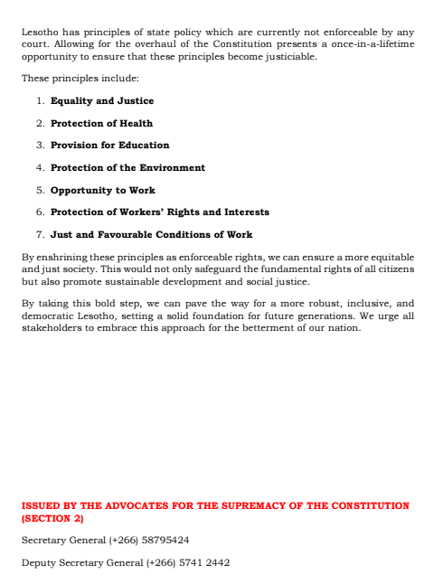 Section2Lso's tweet photo. SECTION 2 calls for a complete replacement of the current Constitution rather than mere amendments. Successful adoption of new constitutions has been demonstrated in Kenya and Zimbabwe. Crafting a new Constitution enables a thorough revision that aligns with people's aspirations https://t.co/hiUiyG1sl5