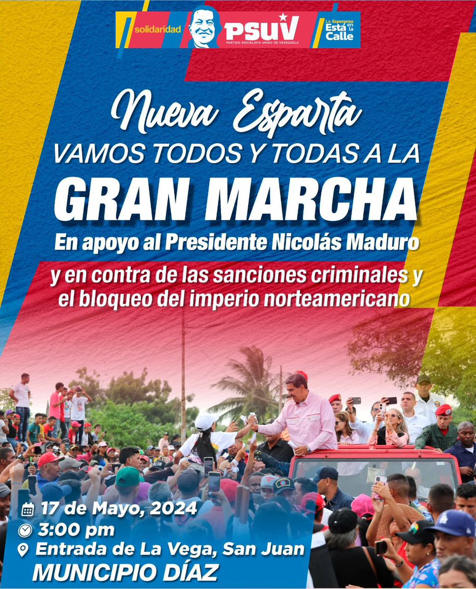 🚩🚩Mañana #NuevaEsparta se moviliza en el municipio Diaz, vamos tod@s a la gran marcha en apoyo al presidente @Nicolasmaduro y en contra de las sanciones que tanto daño le han hecho a nuestro pueblo. Que nadie se quede en su casa, digamos en una sola voz #BidenLevantarlBloqueoYa