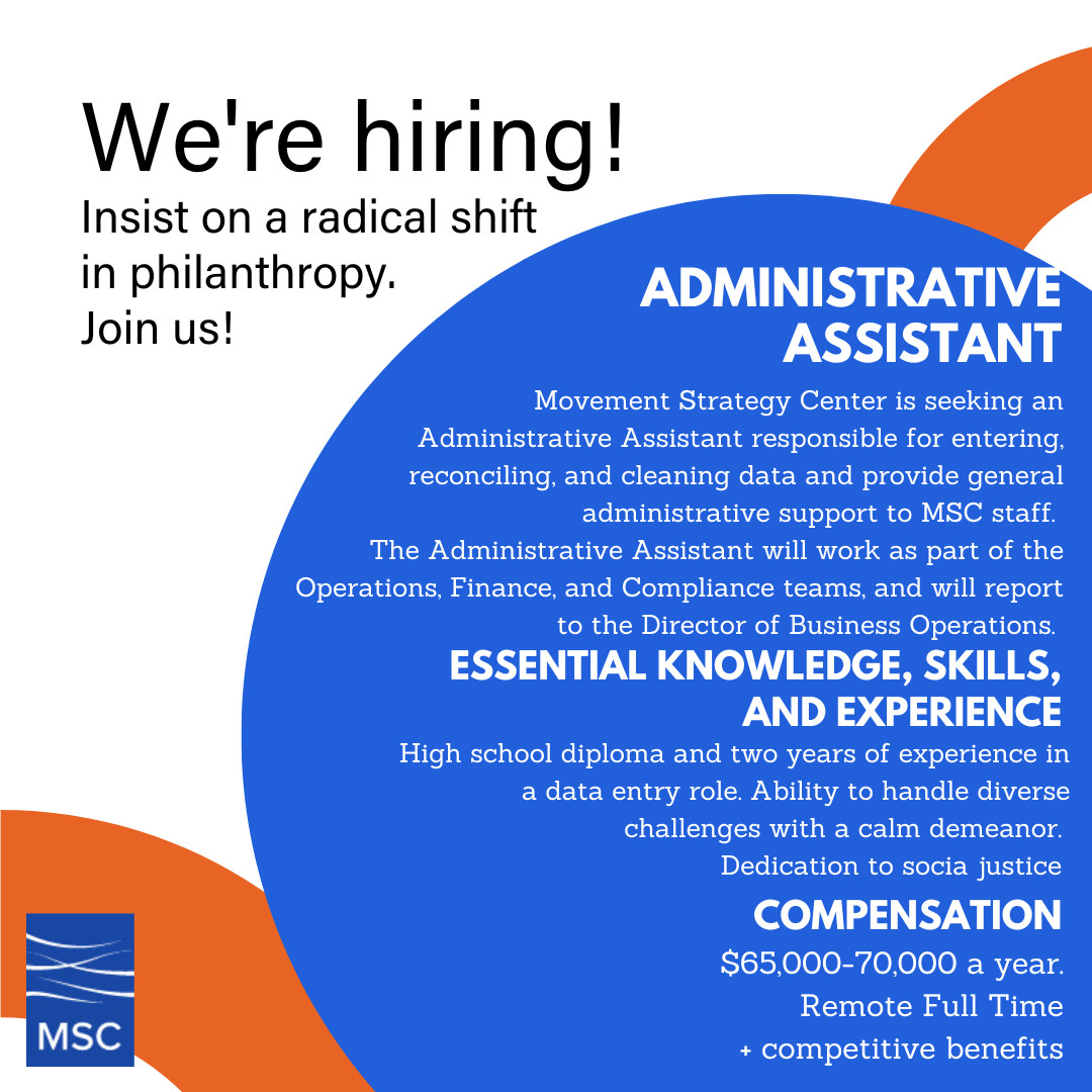 🚀 Job Opening: Movement Strategy Center needs an Administrative Assistant! Join our Ops, Finance, & Compliance teams. Apply now! More opportunities: movementstrategy.org/the-move-job-o…