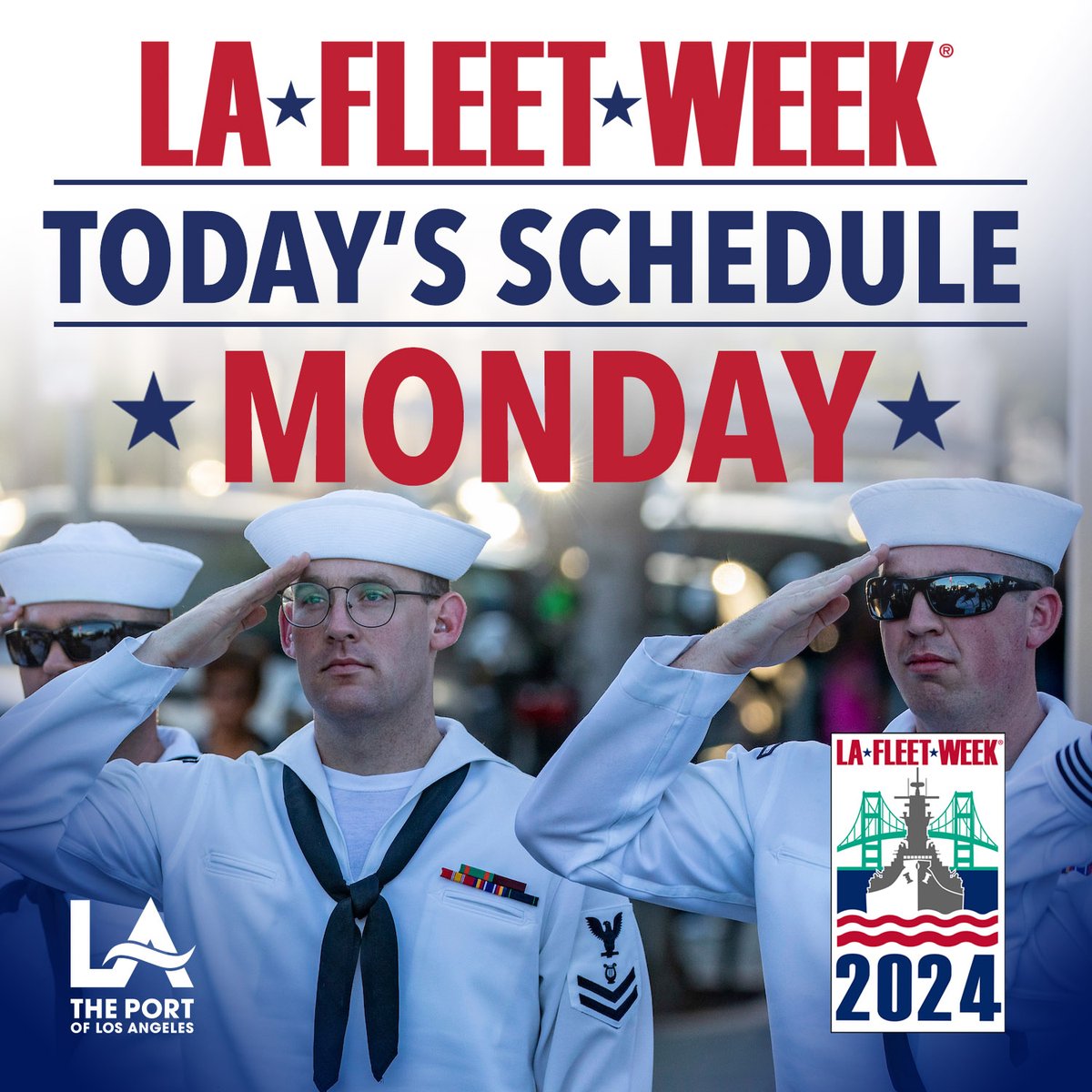 🇺🇸⚓Today is the final day to celebrate #LAFleetWeek2024 at the Port of Los Angeles! Free public ship tours are from 10 a.m.-4 p.m. Aircraft tours end at noon today.

For event updates, follow @LAFleetWeek and check the daily schedule here.⬇️
lafleetweek.com/events_schedul…