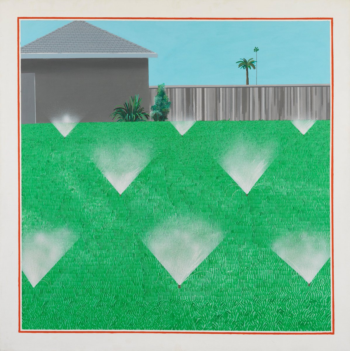 From The Collection of Norman and Lyn Lear, David Hockney's iconic 'A Lawn Being Sprinkled' has sold for $28,585,000 during the #20thCenturyEveningSale