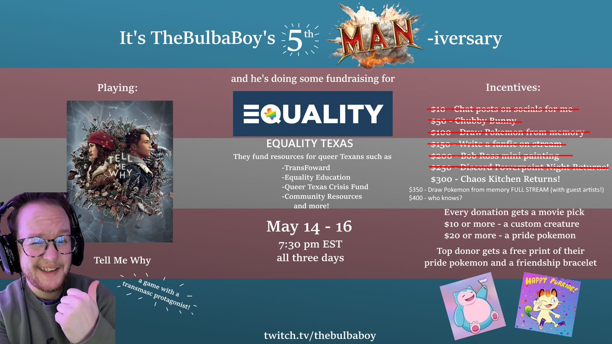 We’re only 31 cents away (chat left the balance at 69 cents…) from our goal of $300 to @EqualityTexas! Last day to donate! Come on by show support. Maybe we will reach a stretch goal! 
👾.tv/thebulbaboy