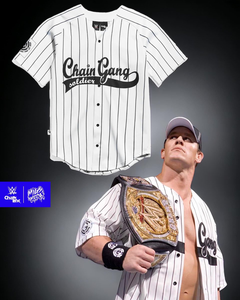 Next Merch Drop 🚨from us at Chalk Line🔥 The @JohnCena Chain Gang Soldier Baseball Jersey Official Licensed by: @WWE Honored to reworked on this one recreating th e OG cena Chaingang logos & such Coming soon ⏰ #Chalkline #WWE #JohnCena #MigsMedia1 #ArtDirector #SmackDown