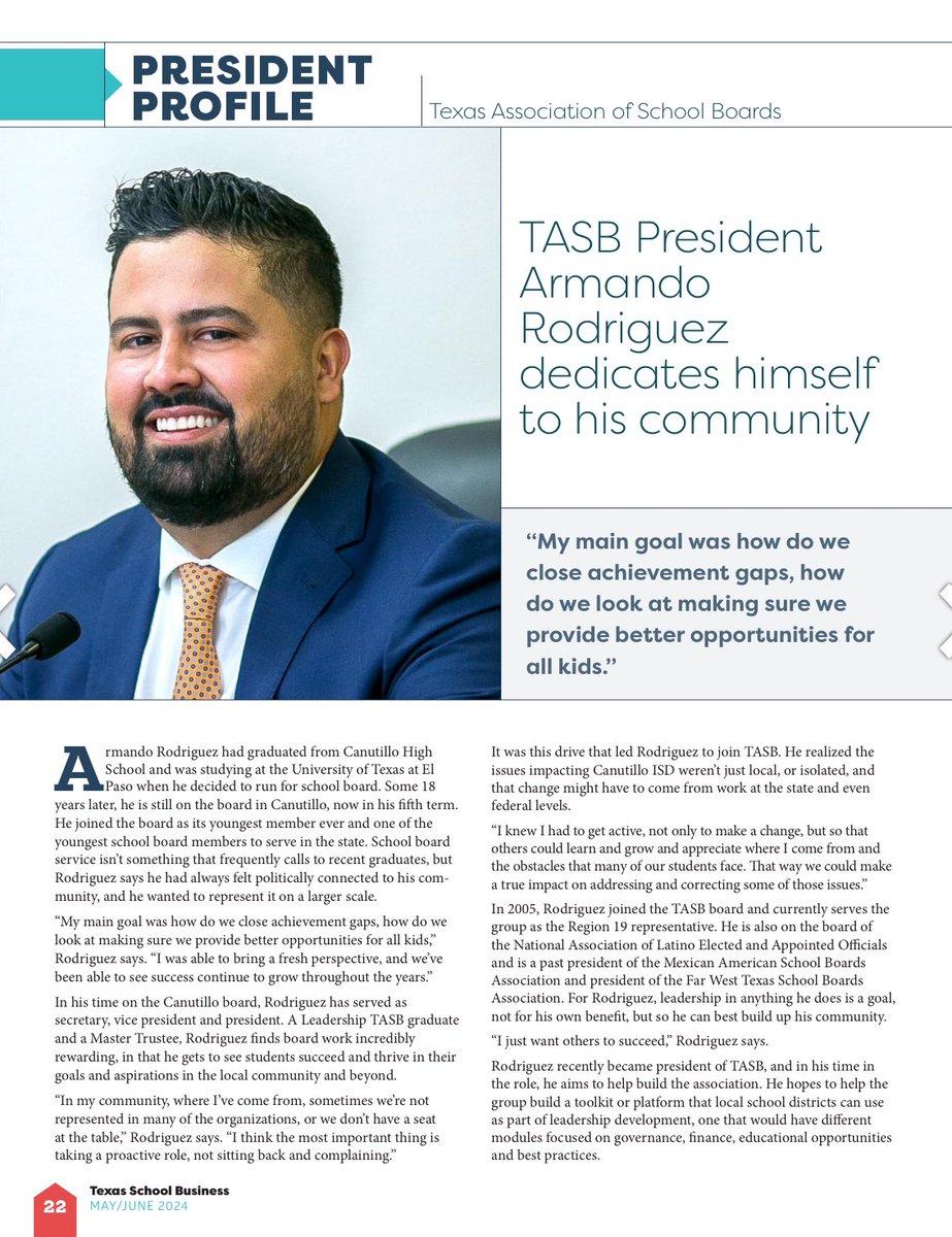 Texas School Business Magazine included a feature on CISD Board President Armando Rodriguez in its May/June 2024 issue.  

Check out the feature outlining Rodriguez’s tenure as a trustee and current president of the <a href="/tasbnews/">Texas Association of School Boards</a>. 

Link: issuu.com/tasanet/docs/t….  #VivaCanutillo