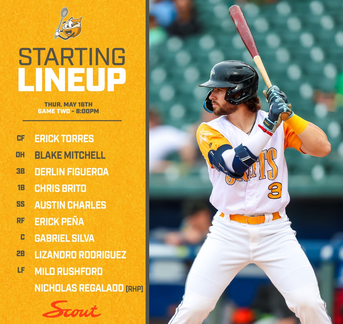 For game 2 of tonight's double header, Nicholas Regalado takes the mound for his first ever career start. Here are your starting 9 for the Carolina Grits, powered by Scout Motors A reminder, this game is a Food Fight game as the Carolina Grits take on the Charleston Boiled